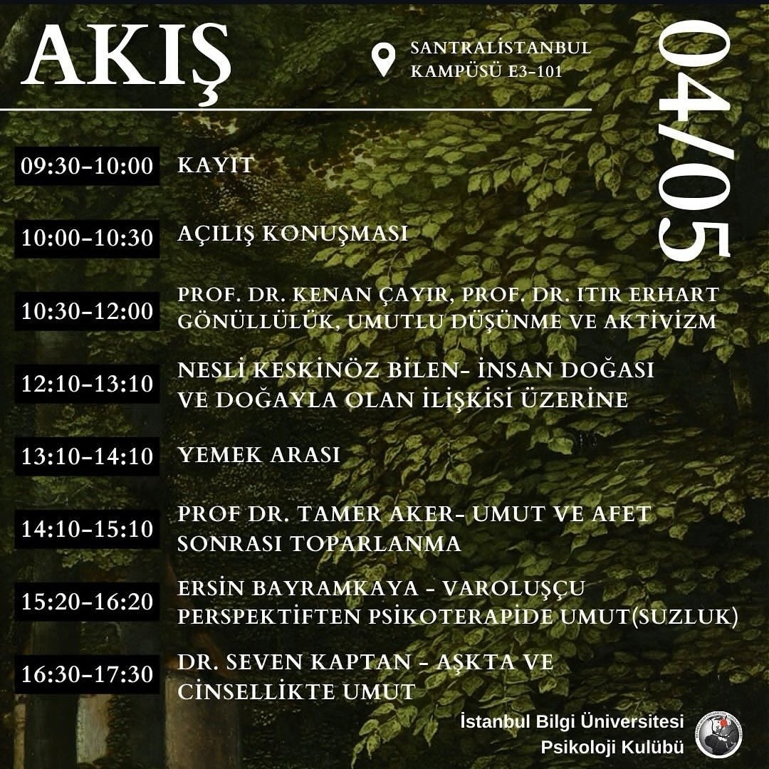İstanbul Bilgi Üniversitesi Psikoloji Kulübünün düzenlediği "Umut" temalı Psikoloji Günleri'nde <a href="/cayirkenan/">Kenan Çayır</a> <a href="/itirerhart/">Itır Erhart</a> ile birlikte "Gönüllülük, Umutlu Düşünme ve Aktivizm" başlıklı konuşmalarıyla yer alacak.