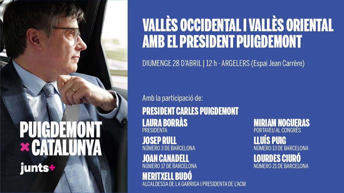 🗳 #12M | Avui celebrem l'acte Vallès Occidental i Vallès Oriental amb el president @KRLS Puigdemont. 📌 Segueix-lo en directe a partir de les 12h a través dels nostres canals. #Puigdemontpresident