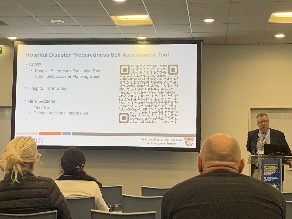 #ECTES2024 Day 1 @estesonline 

Prof Patrick Reilly @PennTrauma @UPennTrauma @traumadoctors 

Is your hospital prepared for disasters?
⁃Mass casualty incidents
⁃Infectious disease
⁃Cyber attack

Use tools from @CDCgov and @EmergencyDocs to find out:

1/2