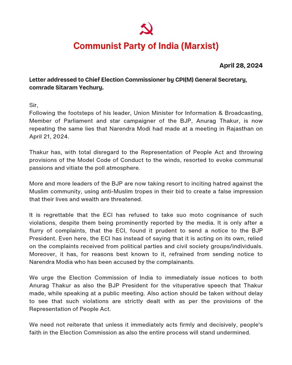 Unless the ECI acts independently and takes immediate action against MCC violations by and communal speeches of the Prime Minister and BJP ministers, the entire election process as well as people's faith in the ECI will be undermined.