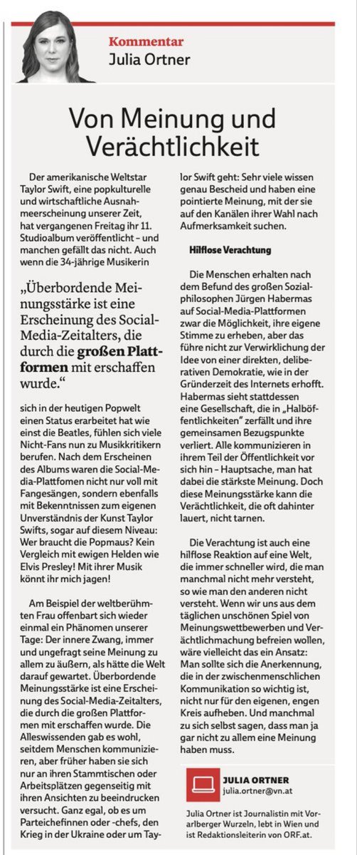 „Die Verachtung ist auch eine hilflose Reaktion auf eine Welt, die immer schneller wird, die man manchmal nicht mehr versteht, so wie man den anderen nicht versteht“. Kluge Gedanken zum Sonntag von @Julia_Ortner