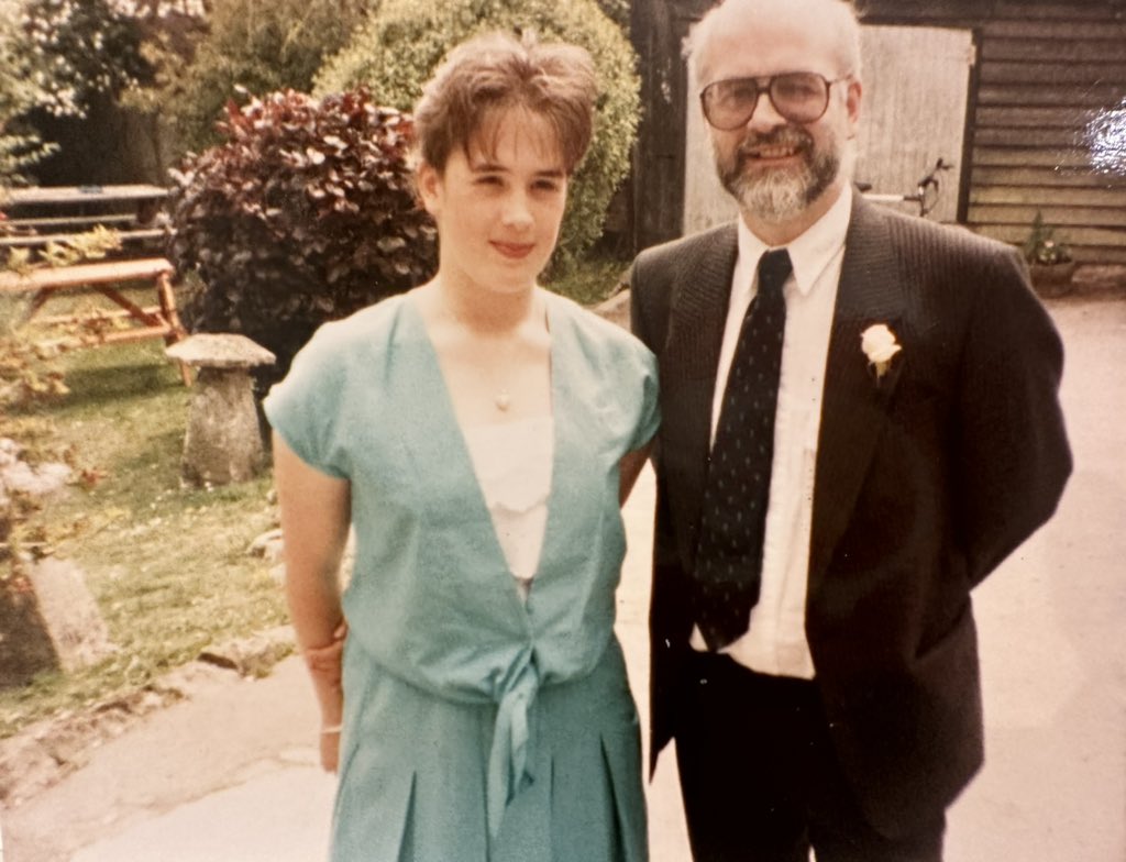 Even when attending a wedding (circa 1990) Pratchetts will always look slightly scruffy. Not my colour, not his suit, but we’re both looking at the camera. Albeit in a slightly bemused way. He would’ve been 76 today. GNU Dad. Happy Birthday. #Speakhisname #TerryPratchettDay ❤️