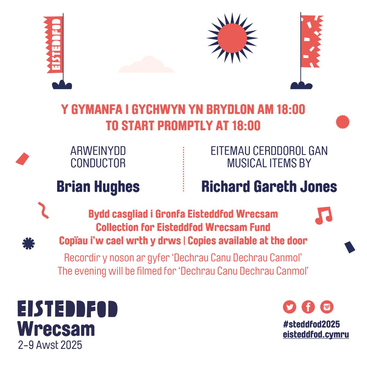 ⚠️ Cofiwch fod Cymanfa Ganu Cyhoeddi Eisteddfod Genedlaethol Wrecsam heno ⚠️ 📍 Lleoliad: Capel Bethlehem, Rhosllannerchrugog ⏰ Amser: Yn brydlon am 18:00 👉 Arweinydd: Brian Hughes 🎵 Organydd: Richard Gareth Jones Mwy o wybodaeth ar ein gwefan: eisteddfod.cymru/cymanfa-ganur-…