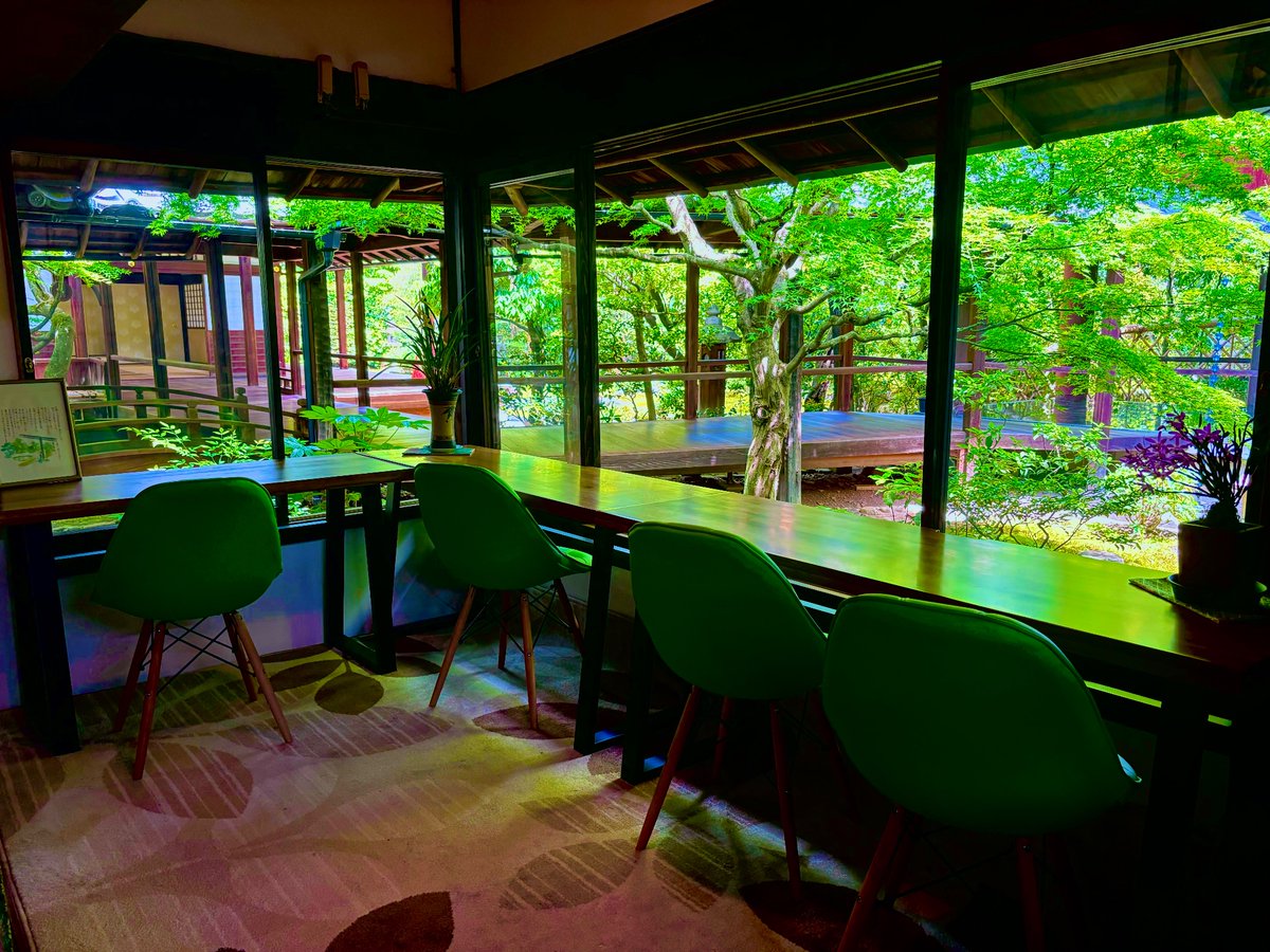 合掌
新緑が綺麗な季節になりました🌿
本法寺の安居(あんご)から、青々とした青もみじが綺麗に見えます。
お抹茶とちょっとしたお菓子をお出し出来ますので、どうぞごゆっくりおくつろぎください。
連休中でも静かですよ！ぜひぜひ🙏
再拝