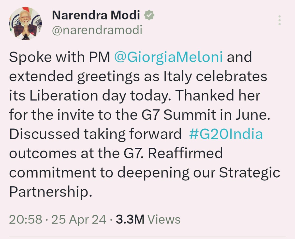 जून में इटली में होने वाले G7 summit का बुलावा मोदी जी को अभी से आ गया है और मोदी जी ने इनविटेशन एक्सेप्ट करते हुए धन्यवाद भी दे दिया है ।
विदेशों में भी पता है कि #आएगा_तो_मोदी_ही