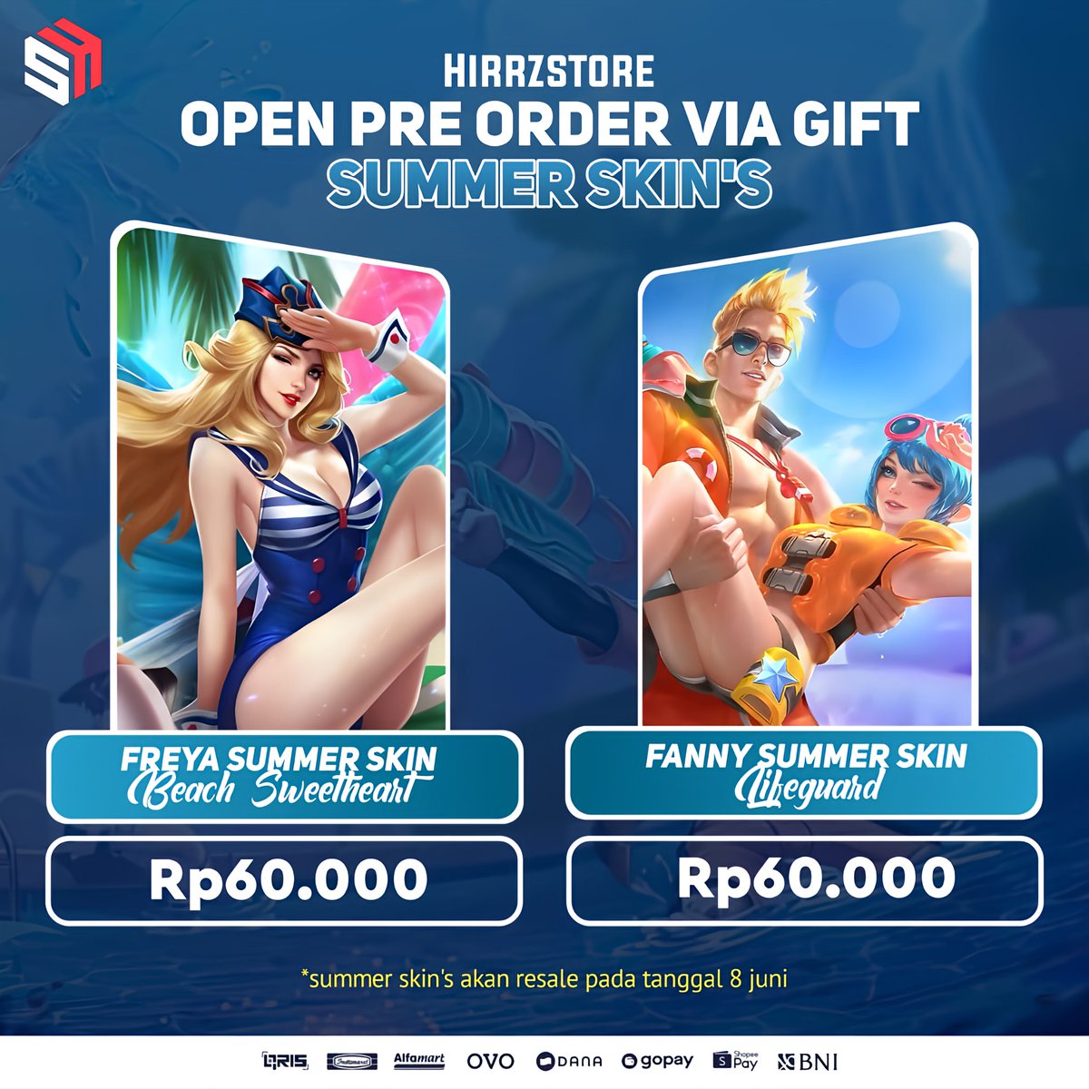 open pre order summer skin's via gift

summer skin's resale on 8 juni dengan harga 749 💎 dan akan di disc 40% first week

#zonauangᅠᅠ 
#zonajajan