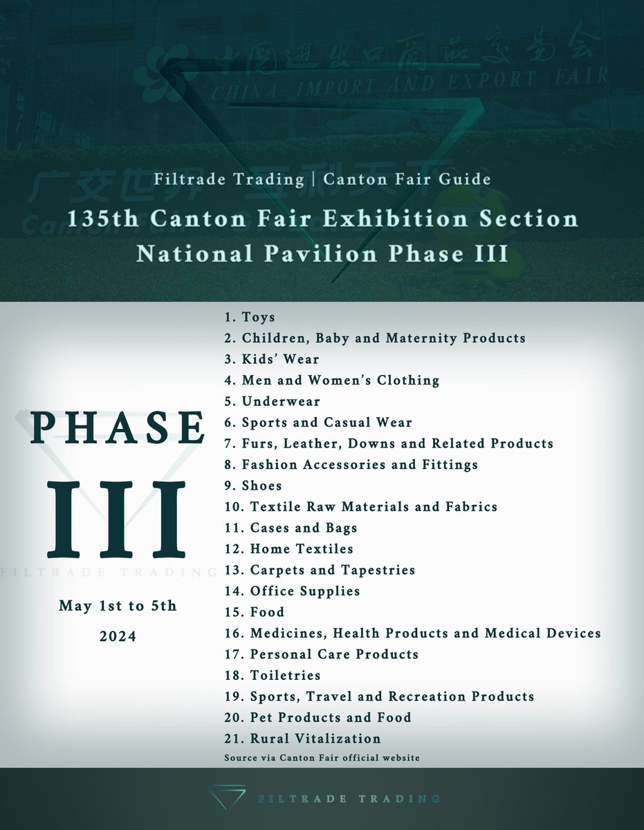 Dear Canton Fair Buyers,

The 135th Canton Fair Phase 3: from May 1st to 5th, 2024
Please kindly review the 135th Canton Fair Exhibition Section Phase III.
✉️ info@filtradetrading.com

Source via Canton Fair Official Website, image edited by Winnie Wen
#cantonfair #cantonfair2024