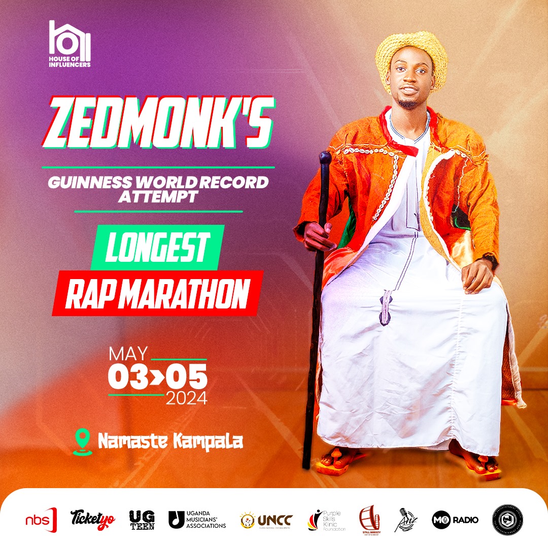 Comrades olwo tumba tusimbudde let's support talented Rapper @Rapwithzedmonk will be attempting #GWR live at #NamasteKampala  3rd/may/2024  #ZedmonksWorldRecord #LongestRapMarathom #GuinnessWorldRecords