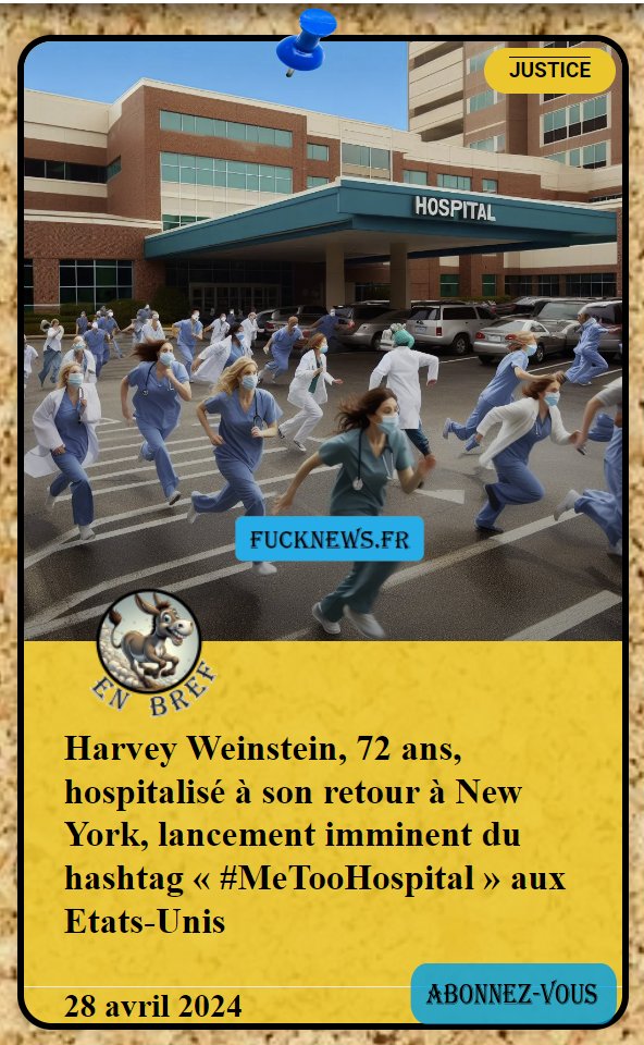 FucknewsHumour's tweet photo. Harvey #Weinstein, 72 ans, hospitalisé à son retour à #NewYork, lancement imminent du hashtag « #MeTooHospital » aux #EtatsUnis

Toutes nos fucknews sont tirées de faits réels

Retrouver tous nos articles sur notre site

#MeToo #MeTooHopital #viol #justice #humour #humournoir https://t.co/dvhRDOYBEF