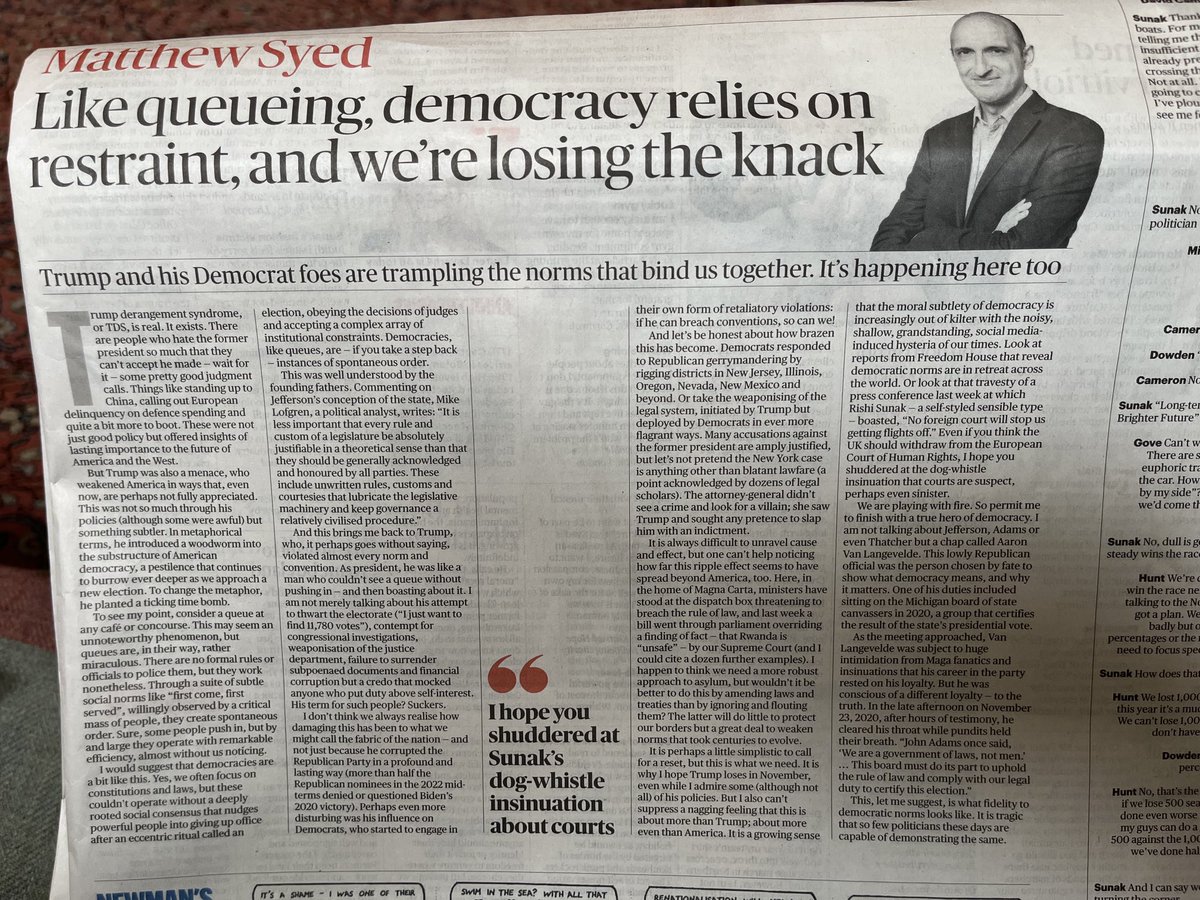 Brilliant column by Matthew Syed in Sunday Times today on how Trump, and now some British politicians, are corroding the social norms of democracy which bind us together.