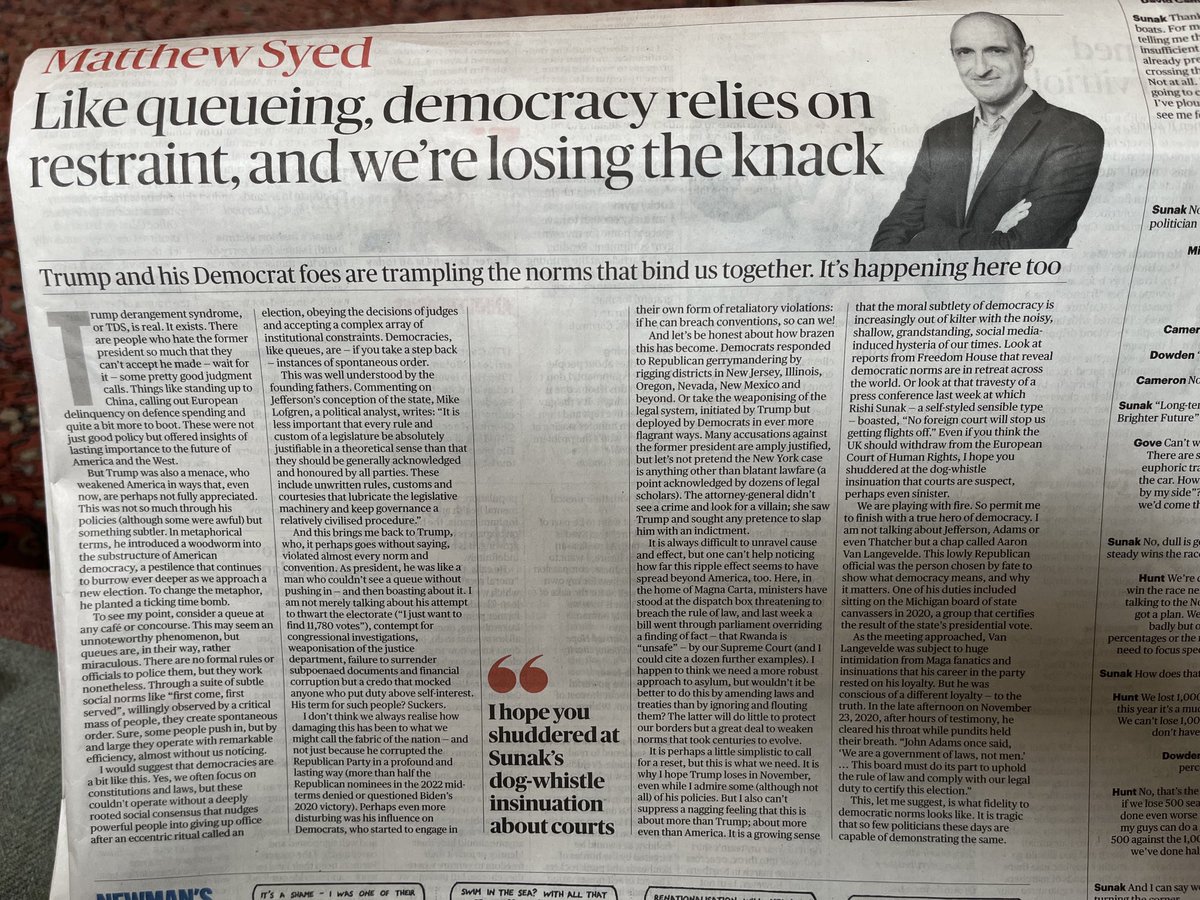 MichaelLCrick's tweet photo. Brilliant column by Matthew Syed in Sunday Times today on how Trump,  and now some British politicians, are corroding the social norms of democracy which bind us together. https://t.co/nlOetObyFb