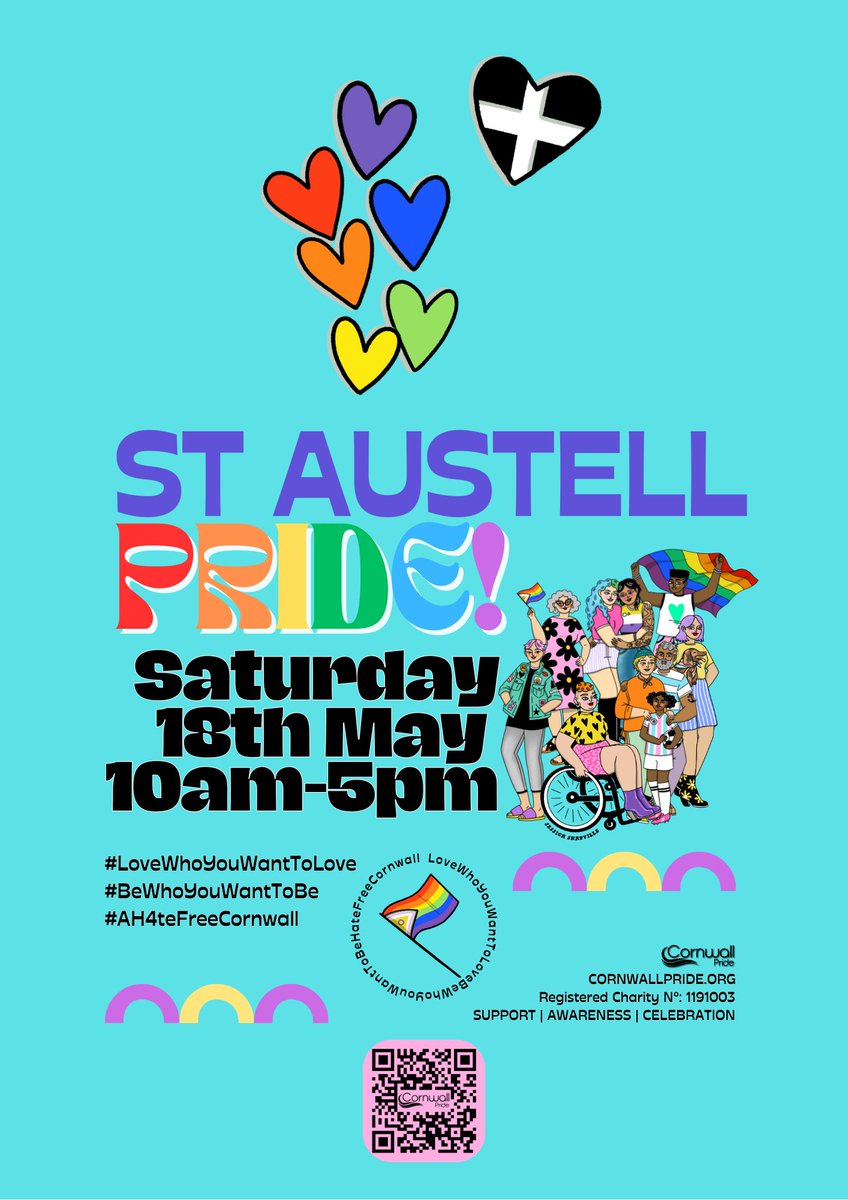 Don't miss St Austell Pride this May! Join us from 10am to 5pm on Saturday 18th May for celebrations including live music & entertainment, information stalls, food & drink, an all-day bar, a Cornwall Pride Shop, and more. The event will be family-friendly.