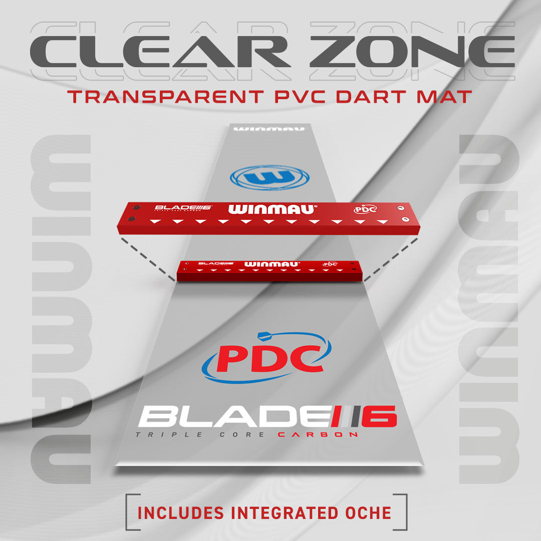 🎯| CLEARZONE TRANSPARENT PVC DART MAT A cutting-edge transparent PVC non-slip dart mat with a fixed oche bar at official tournament measurement. Finished in a modern see-through style, perfect floor protection for any location. Available with Darts Retailers