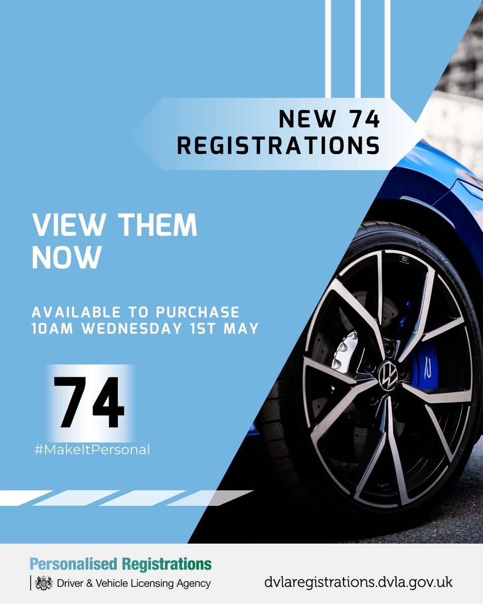 Have you been looking for your perfect registration 

The 74 series of registrations are now available for viewing! 📣

They will be available to buy from 10am on the 1st of May 📆

Find your favourite here 👉 ow.ly/t1mB50Rc9Yc
#MyDVLAReg #MakeItPersonal #DVLARegistrations