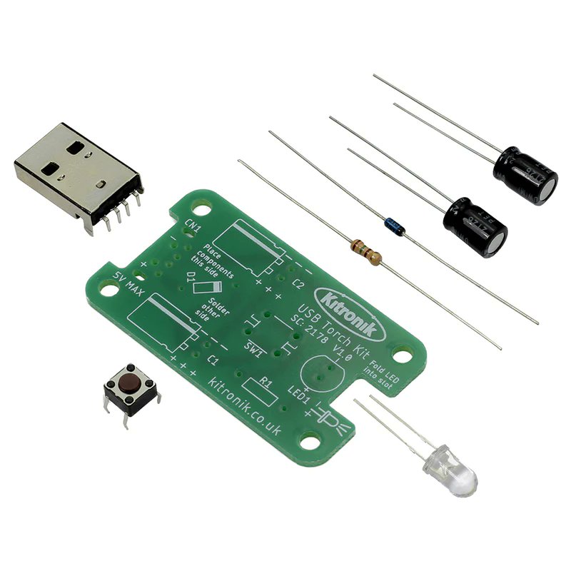 Kitronik's tweet photo. The Kitronik USB Torch Kit is a through-hole soldering kit that has been developed for use in KS3 Design and Technology lessons.
?https://t.co/oIY5iTvkOf
#teachers #projectkit https://t.co/eFYHFSfORP
