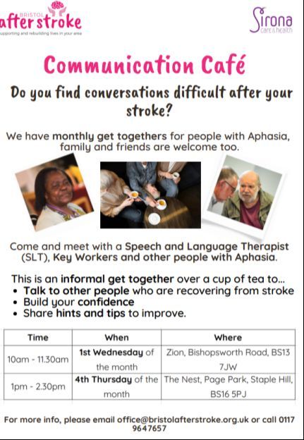 Do you or your friend or family member have Aphasia? 

Come and meet other people who have Aphasia, Key Workers and a Speech and language therapist for an informal get together. Drop in café’s have started once a month.

#aphasia
#cafe
#bristol
#southglos