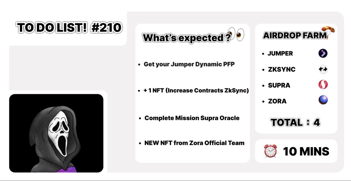 📝 𝗧𝗢 𝗗𝗢 𝗟𝗜𝗦𝗧! #210 🔹 Get your Jumper Dynamic PFP 🔗 - app.mercle.xyz/jumperpfp/even… 🔹 + 1 NFT (Increase Contracts ZkSync) 🔗 - zksio.nfts2.me 🔹 Complete Mission Supra Oracle 🔗 - supra.com/blastoff 🔹 NEW NFT from Zora Official Team 🔗 -…