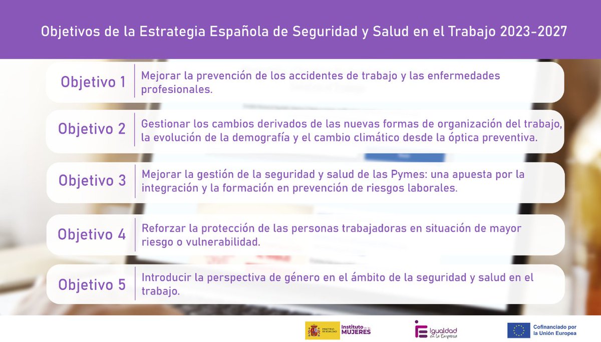 En el #DíaMundialDeLaSeguridadYSaludEnElTrabajo destacamos la Estrategia Española de #Seguridad y #Salud en el #Trabajo @INSST_MITES_GOB entre cuyos objetivos se encuentra introducir la perspectiva de género en este ámbito 👉 goo.su/mf72Cj