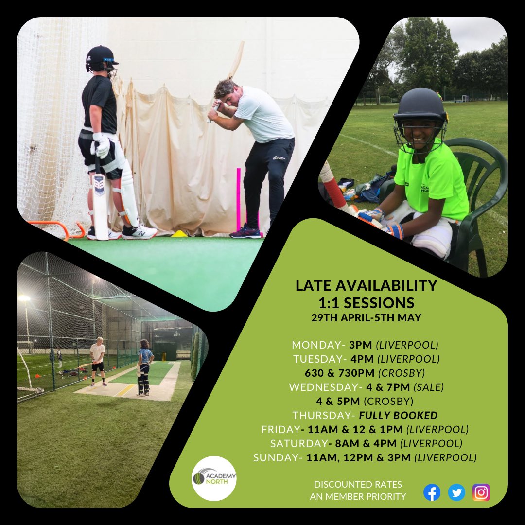 🏏 last minute 1:1 availability for the upcoming week 🏏 sessions discounted with priority to AN members