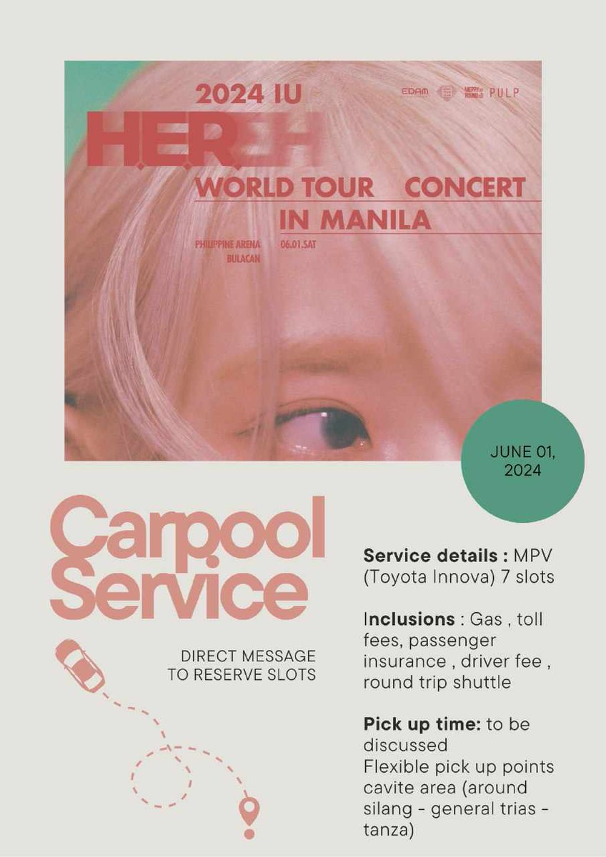 WTS LFB Carpool H.E.R.E.H. World tour

Service Details: 
• MPV (Toyota Innova) 7 slots

Inclusions:
• Gas, Toll fees, Passenger insurance, Driver fee, Round trip shuttle

Pickup details:
• time is to be discussed
• flexible pickup points: around Silang, Gen Trias, and Tanza)