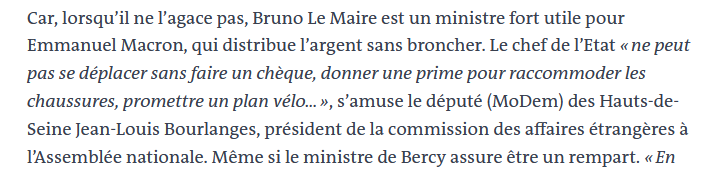 Et soudain, au milieu d'un article consacré aux relations complexes entre E Macron et B Le Maire, le député Bourlanges sort le 'plan vélo', modèle selon lui de dépense futile. Le vélo, ce truc rigolo qu'on mentionne en passant pour faire un bon mot.