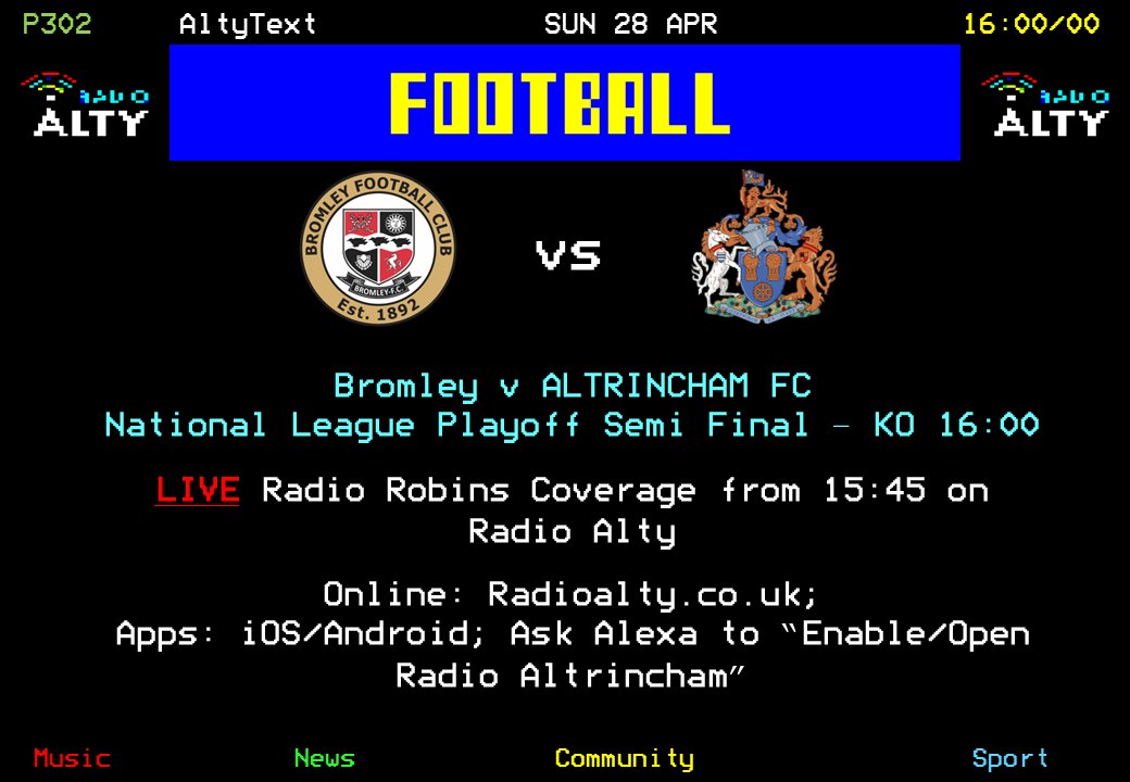 The big day has arrived, as @altrinchamfc travel to @bromleyfc in the semi finals of the National League playoffs. Commentary and coverage from Hayes Lane begins at 15:45, courtesy of Radio Robins' George Allen and Frankie Griffiths, on Radio Alty. #RadioAltySport