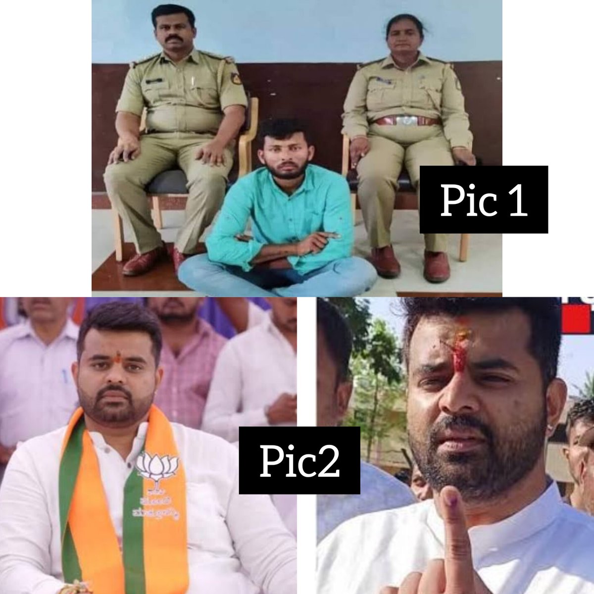 @narendramodi  @hd_kumaraswamy 
Pic1-- the poor guy Deepak just dance on hampi got arrested and sitting under police shoes
Pic2--the rich kid who raped more than 2000 inocent girls contestant in election 2 days back and chilling 
#Democracydied
#NoJusticeInindia
#PrajwalRevanna
