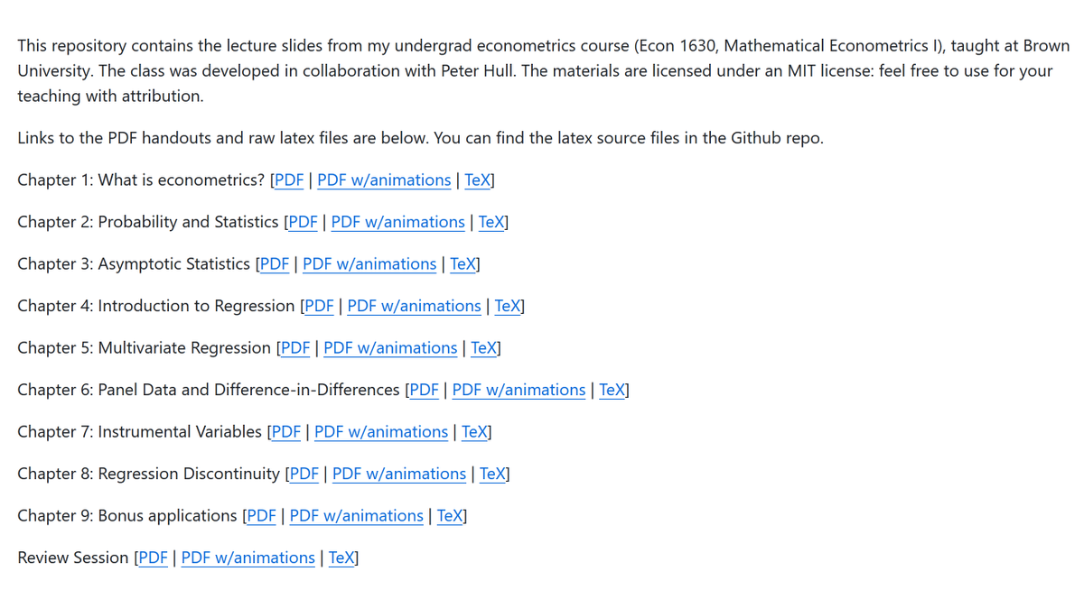 Hi #EconTwitter! 📈 Looking for some very cool undergrad #econometrics lecture notes, with an emphasis on iid/micro data and causal inference? Don’t miss out on these two sets of lecture notes by @instrumenthull (@BrownUniversity) and @jondr44 (@BrownUniversity)! 📚…