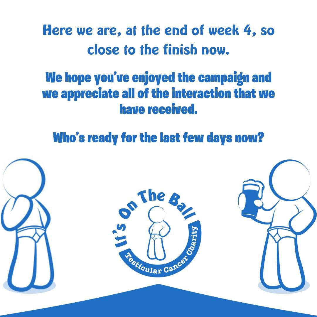 We've hit the end of week 4, thank you to everyone who's stayed with us through this and followed along.

#testicularcancer #testicularcancerawarenessmonth
#educate #education #checkyourself #health
#campaign #allmonth #daily #dailypost #tobi #cancer
#fighter #survivor