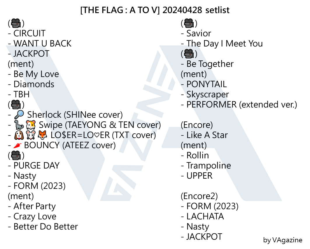 NC_vvs's tweet photo. [THE FLAG : A TO V] 20240428 setlist
@VannerOfficial 
#VANNERarchive #VAgazine #AtoV https://t.co/VPCGOkfUUW