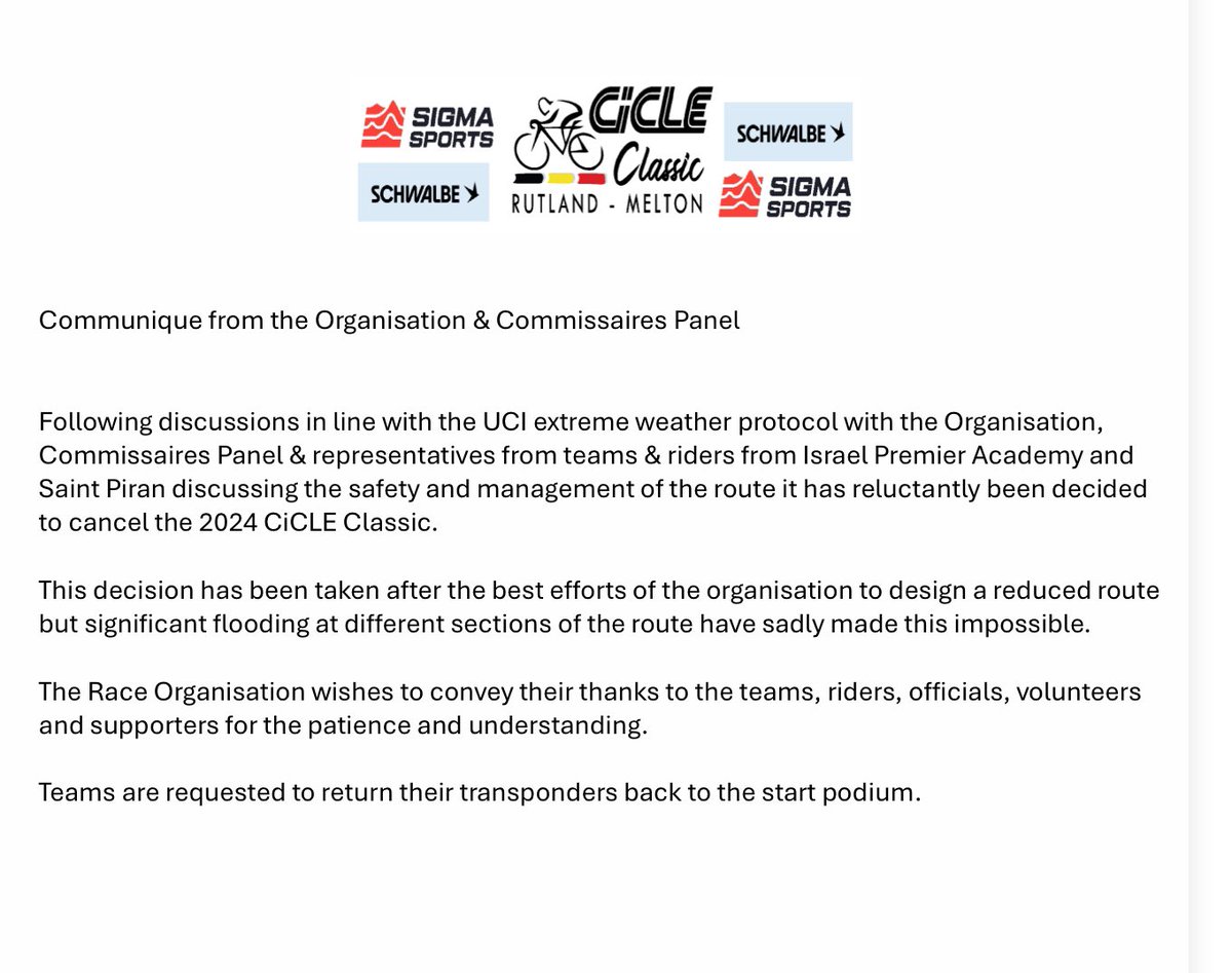 Press release from the race about the CiCLE Classic being cancelled