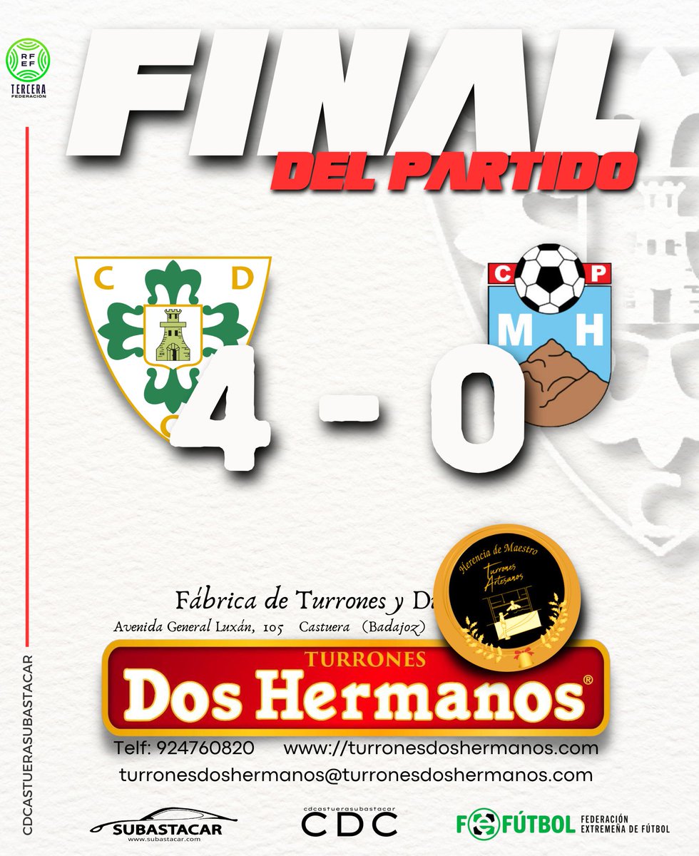 ¡¡Final en Castuera!! Partidazo de nuestro equipo, 3 puntos importantísimos que se quedan en casa. 
¡¡Enorme afición, gracias por vuestro apoyo!!

⚽️ Ligero
⚽️ Gustavo
⚽️ Alvarito 
⚽️ Jorge González

#AguanteCastuera⚪️🔴
#VamosCastuera⚪️🔴