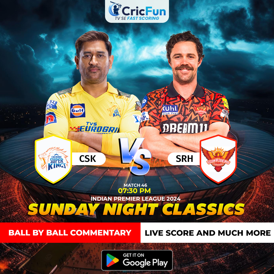 Sunday hoga shaandar🤩 jab Dhoni ki Chennai💛 aur Cummins ki Hyderabad🧡 hongi aamne saamne. In dono teams ke beech khele jaana waala 46th IPL match Chepauk mein hoga.🏟️ Is dumdaar match💥 ka maaza lijiye India ke fastest🚀 live scoring app, “Cricfun” ke saath @7:30 pm🕢 se live.