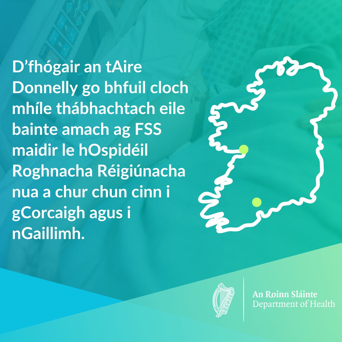 Is iad na suíomhanna roghnaithe do na forbairtí ná Ospidéal Naomh Stiofán, Cúirt an tSáirséalaigh i gCorcaigh, agus Páirc Mhuirlinne i nGaillimh. Tá sé i gceist ag FSS go mbeidh na foirne i bhfeidhm i rith an tsamhraidh seo. gov.ie/ga/preasraitis…?