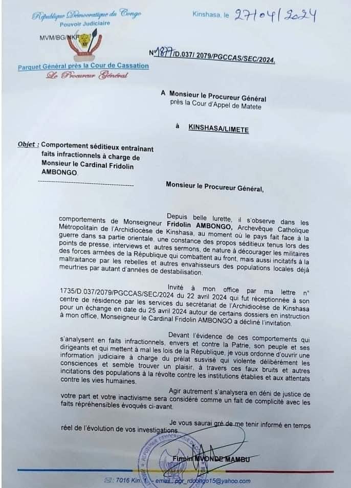 Le PG près la C Cs ordonne au PGR près la cour d'appel de Matete, d'ouvrir une information judiciaire à charge du @TataCardinal « qui violente délibérément les consciences et semble trouver un plaisir à travers les faux bruits et autres incitations des populations