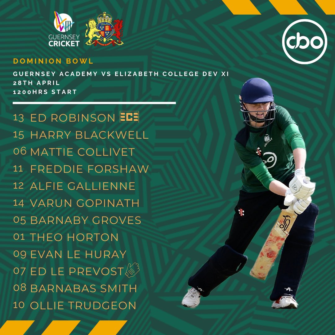 guernseycricket's tweet photo. The @cboprojects Academy start their league campaign against the @Eliz_Coll Development side today. Ed Robinson captains the side in their league debut. 

1200hrs start at the College Field. 

#guernsey #cricket #greencaps #futuregreens https://t.co/vGkgPeHiiC