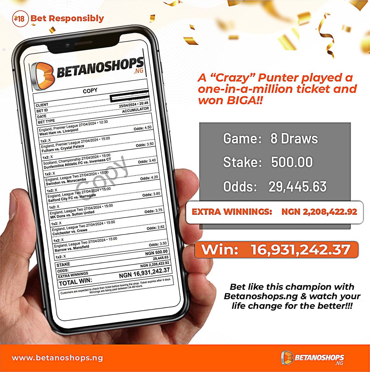 This is legit the kind of sweet odds we all dream to win tbh! 8 draws with N500 to win cool N16M!! . That’s how it’s done at Betano!! You stake. You win! You get paid! No long talk! Get started today by registering online and get up to N200,000 welcome bonus. Use the link below