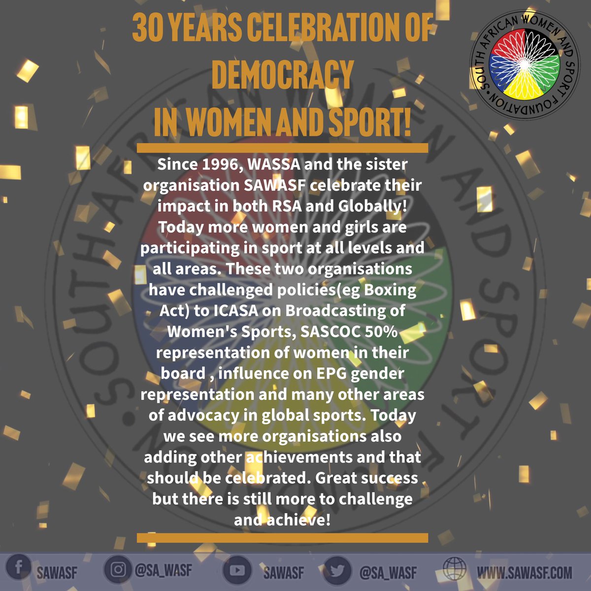 30 Years of Democracy in Women and Sport! Today we celebrate all who have paved the way for women in all areas of sport in the country! @proudlysawasf We are Women for Women! #WomenPower ✊#womandla@sawasf #womeninsport