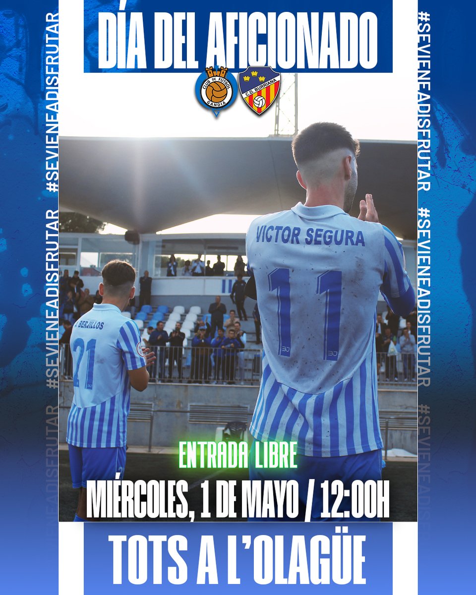 🏟️💙𝗗𝗜𝗔 𝗗𝗘𝗟 𝗔𝗙𝗜𝗖𝗜𝗢𝗡𝗔𝗗𝗢 | Jornada de puertas abiertas en el #GandiaBurriana

Como ya sabéis, nos lo jugamos 𝗧𝗢𝗗𝗢. Por eso la entrada será 𝗴𝗿𝗮𝘁𝘂𝗶𝘁𝗮🙌

Estos chicos se merecen ver un estadio lleno, no hay excusas. El dimecres... 🗣️Tots a l'Olagüe👊