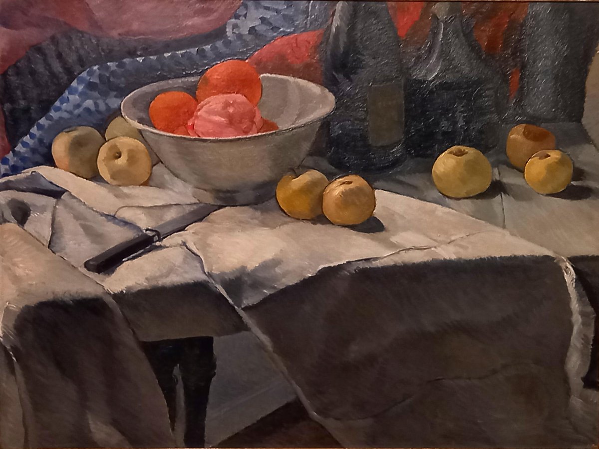 One more Dorothy Hepworth painting from the intriguing show about her art deception with Patricia Preece @CharlestonTrust in Lewes. This is Still Life with Fruit and Bottles, c. 1927, Private collection. Read about the untold story: art-exhibitions.blogspot.com/2024/04/a-quee… #artherstory