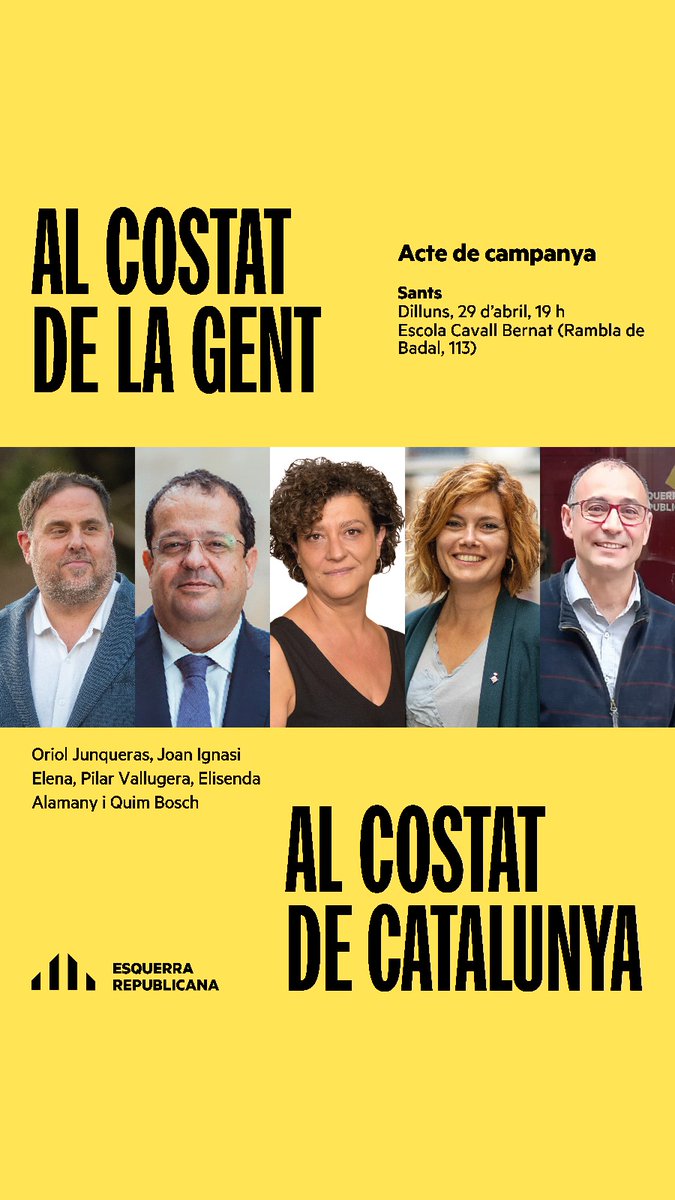 ERC Sants-Montjuïc (@ercsantsmon) on Twitter photo Parlem del districte de #SantsMontjuïci i del futur Catalunya?
Demà (dilluns, a les 19:00h a l'escola Cavall Bernat) tens l'oportunitat de fer-ho amb el president d'<a href="/Esquerra_ERC/">Esquerra Republicana</a>, Oriol <a href="/junqueras/">Oriol Junqueras 🎗️</a>, la cap del grup municipal a Barcelona, <a href="/Elisendalamany/">Elisenda Alamany</a> ... Parlem del districte de #SantsMontjuïci i del futur Catalunya?
Demà (dilluns, a les 19:00h a l'escola Cavall Bernat) tens l'oportunitat de fer-ho amb el president d'<a href="/Esquerra_ERC/">Esquerra Republicana</a>, Oriol <a href="/junqueras/">Oriol Junqueras 🎗️</a>, la cap del grup municipal a Barcelona, <a href="/Elisendalamany/">Elisenda Alamany</a> ...