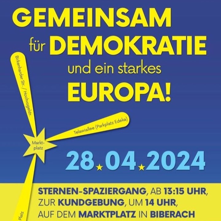 Sei dabei in #Biberarch heute um 13:15 Uhr

Sternspaziergang 13:15 mit Kundgebung um 14:00 Uhr

Biberach, Marktplatz

#WirSindDieBrandmauer #NieWiederIstJetzt #LautGegenRechts #SeiEinMensch #NoAfD