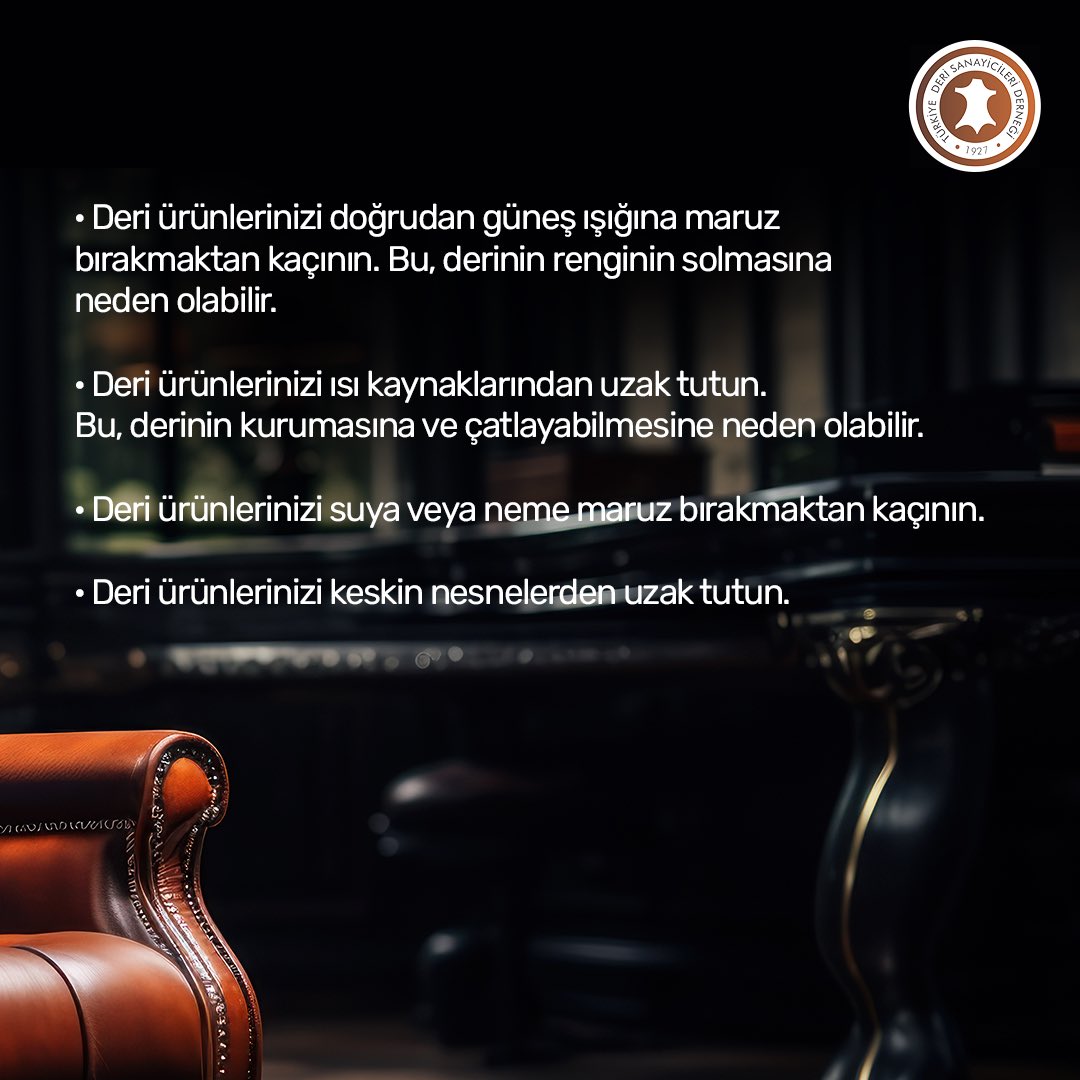 turkiyederisan's tweet photo. Deri ürünlerinizin yıllarca ilk günkü gibi kalmasını mı istiyorsunuz? O zaman bu basit bakım ipuçlarına kulak verin!

#Deri #Bakım #UzunÖmürlü #Sürdürülebilirlik #Tdsd #TürkiyeDeriSanayicileriDerneği #Deri https://t.co/aiTgH1iqp8