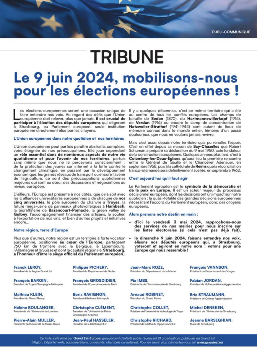 Immense merci aux élus et représentants de la société civile qui ont signé cette tribune pour rappeler le rôle du #Parlement européen et l'importance d'aller voter aux #electionseuropeennes2024 ! 👏
Tous mobilisés en #GrandEst ! ✊🇪🇺
<a href="/MouvEuropeen_Fr/">Mouvement Européen - France</a> <a href="/JeunesEuropeens/">Les Jeunes Européens - France</a>