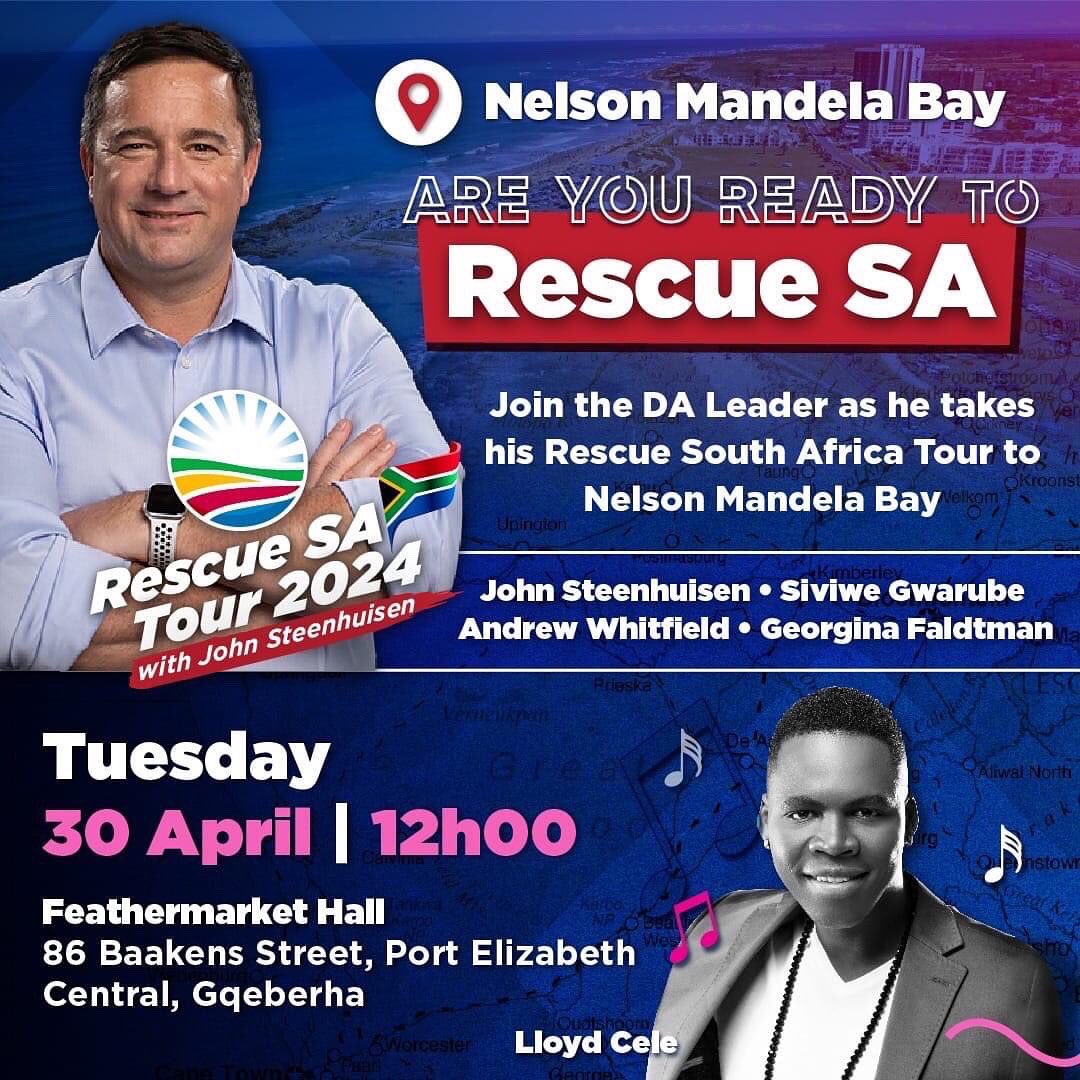 Nelson Mandela Bay you don’t want to miss this Rescue Rally!!!! Pull in during your lunch break on Tuesday to hear @jsteenhuisen unpack the @Our_DA ‘s rescue plan for South Africa #RescueSA #VoteSA