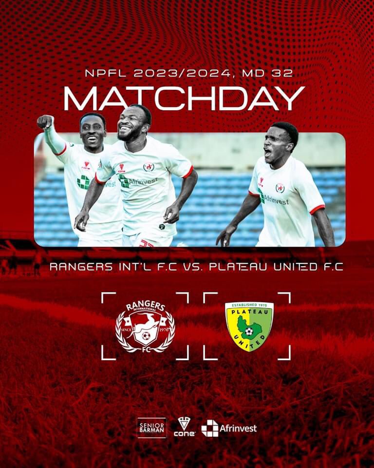 🔴 𝗠𝗔𝗧𝗖𝗛𝘿𝘼𝙔 ⚪

🆚 Plateau United FC 
🕒 4pm 
🏆 NPFL 
🏟 Nnamdi Azikiwe Stadium, Enugu.

#NPFL24 #Rangersintl 
#HistoryTogether #NeverSayDie
