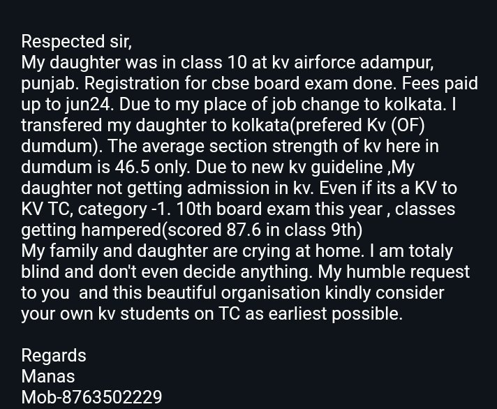 manas4615's tweet photo. @EduMinOfIndia @AICTE_INDIA @IIT_Bhilai @PIB_India @PIBHRD @airnewsalerts @DDNewslive Daughter at home since a month. No schooling, no study, no reply from kv school , no reply from kvro kolkata. Office ja ja kar me thak gaya. School not following guideline of 19.04.24.shame shame shame @EduMinOfIndia Is this the way you are building the future of India. https://t.co/PaOs607yLy