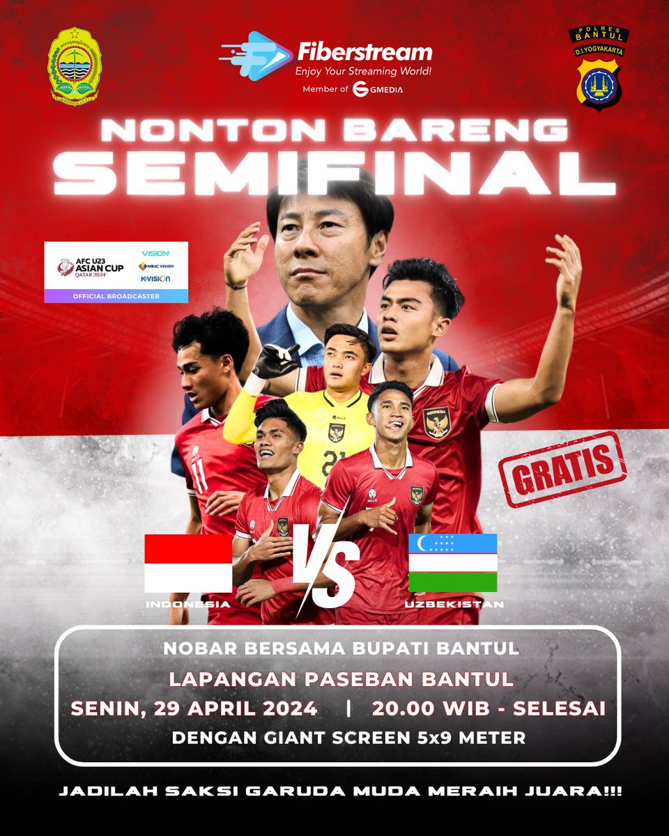 pemkabbantul's tweet photo. Nonton bareng semifinal Timnas Indonesia Vs Uzbekistan. Dukung TIMNAS Indonesia di Semifinal Piala AFC! 🌟

Jangan lewatkan momen bersejarah ini!

📅 Senin, 29 April 2024
🕒 20.00 - Selesai
📍 Alun - Alun Paseban Bantul
🖥️ Ukuran layar : 5 X 9 Meter

GRATIIISSSSSS!!! https://t.co/SscAYHbPS7