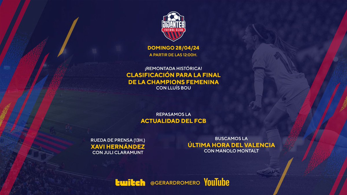 ⏰ A PARTIR DE LAS 12h 🚀 El @FCBfemeni a la final de la Champions con @lluis7bou 👀 Repasamos la actualidad azulgrana 🎙️ Rueda de prensa de Xavi con @juliclaramunt ⚽ Última hora del Valencia con @ManoloMontalt 🔗 twitch.tv/gerardromero