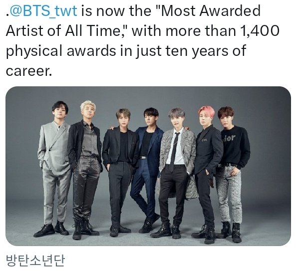 SAANBTSARMYOT7's tweet photo. BTS are now "Most Awarded Artist of all the Time" with more than 1,400 physical awards in 10 years of career,Meanwhile BTS are hiatus since 2021 btw😌🔥My kings so proud #bts #BTSPAVEDTHEWAY #btsarmy #btsot7 #btsupdate #btsnews #btspower #btsforever #viral @bts_bighit @BTS_twt https://t.co/TezrMdlfNU